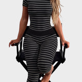 Striped Crew Neck Short Sleeve Crop Top Capri Leggings Two Piece Set