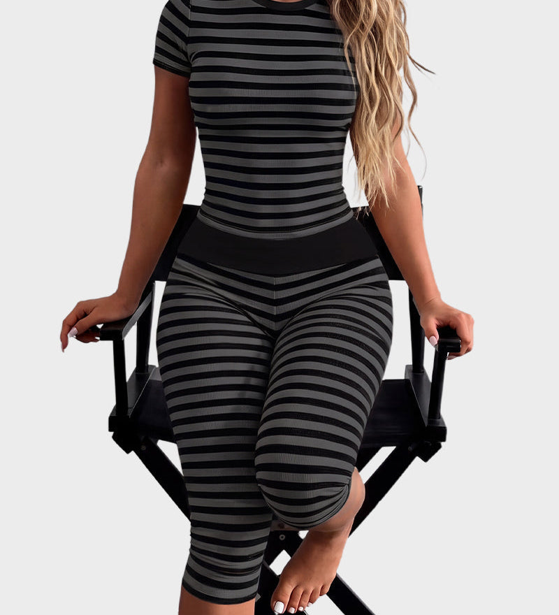 Striped Crew Neck Short Sleeve Crop Top Capri Leggings Two Piece Set