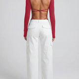 Square Neck Long Sleeve Backless Thong Slim Fit Bodysuit