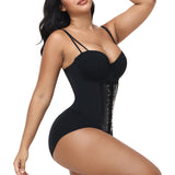 V Neck Double Thin Strap Leather Lace Up Tummy Control Bodysuit