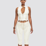 Two Piece Denim Set Zip Front Lace Up Sleeveless Top Capri Pants