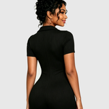 Ribbed Polo Collar Half Snap Front Short Sleeve Bodycon Romper