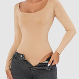Women's Seamless Square Neck Long Sleeve Bodysuits Sculpting Thong Bottoming Shirt Body Shaper