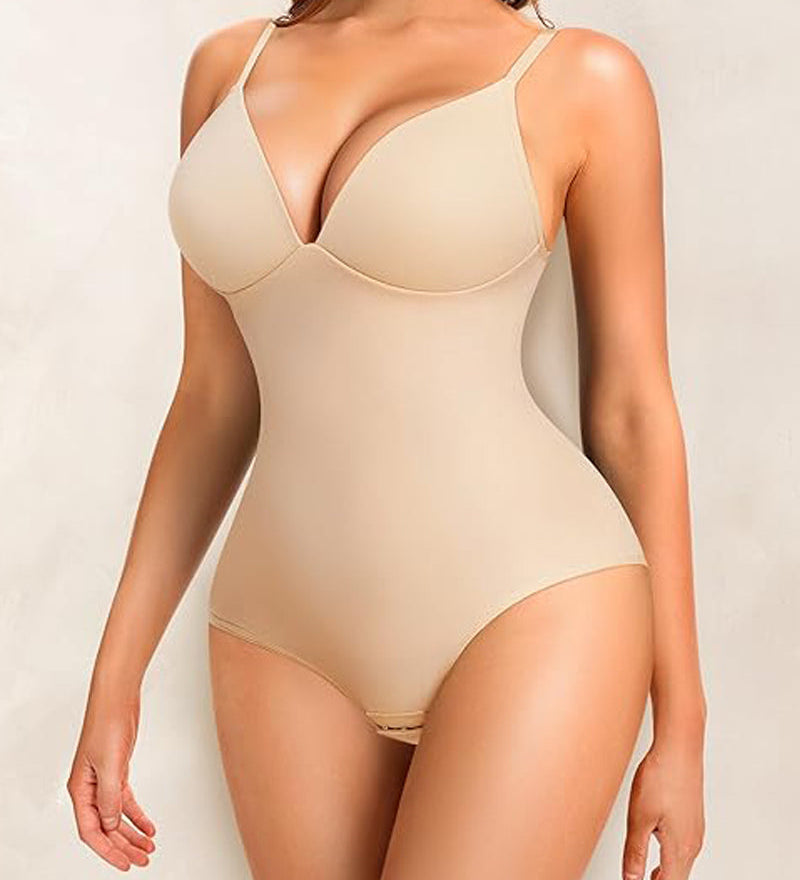 Deep V-Neck Smooth Tummy Control Bodysuits Shapewear with Built in Bra