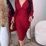 Deep V Neck Long Sleeves Ruched Bodycon Midi Dress
