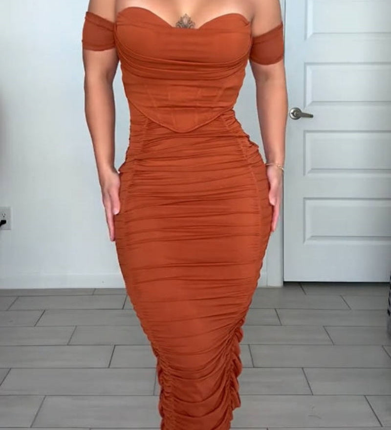 Off Shoulder Ruched Tummy Tuck Bodycon Midi Dress with Fishbone