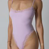 Spaghetti Strap Triangle Shapewear Bodysuit with Lace Trim