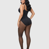 V Neck Adjustable Strap Warm Lined Sheer Panel Tummy Control Bodysuit