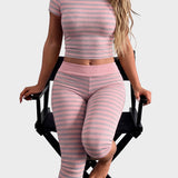 Striped Crew Neck Short Sleeve Crop Top Capri Leggings Two Piece Set