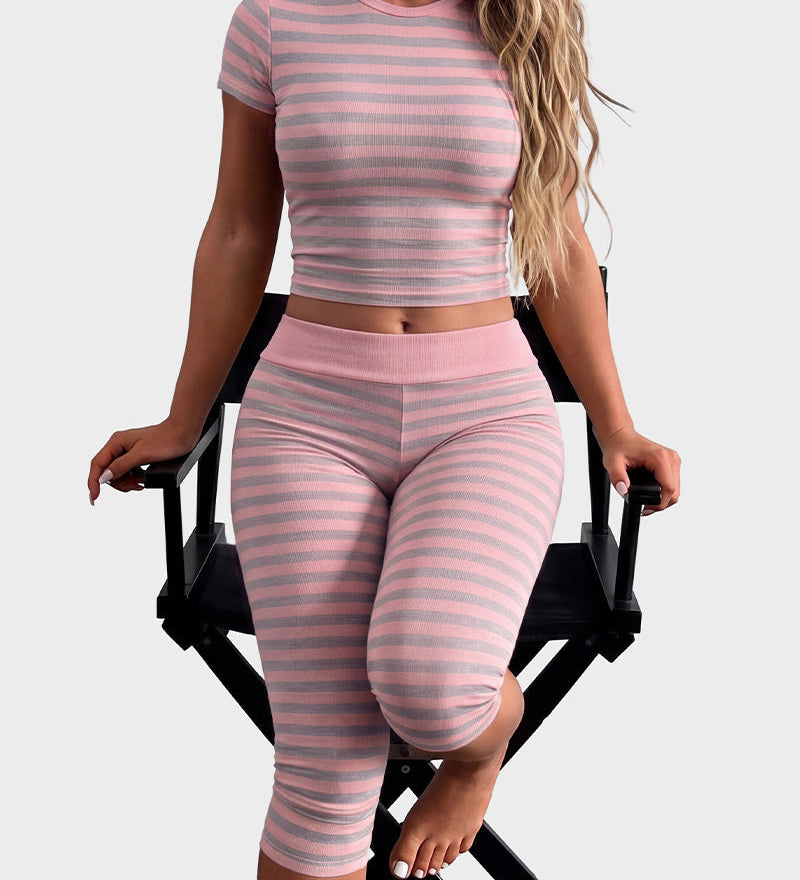 Striped Crew Neck Short Sleeve Crop Top Capri Leggings Two Piece Set