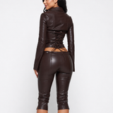 Faux Leather Zipper Corset Top Capri Pants Two Piece Outfit Set