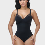 Mesh V Neck Thong Bodysuit Adjustable Straps Lace Up Back Tummy Control Shapewear