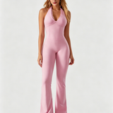 V-neck Lace-trimmed Halter Neck Yoga Sports Fitted Jumpsuit