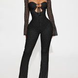 Sexy Cutout Front Tie Long Sleeve Open Back Lace Flare Jumpsuit
