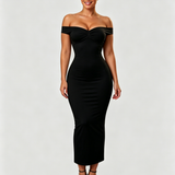 Off Shoulder Ruched Bust Bodycon Maxi Dress with Back Slit