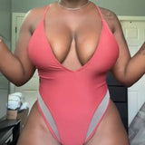 Sexy Mesh Splicing Spaghetti Strap Deep V Neck Shapewear Swimsuit