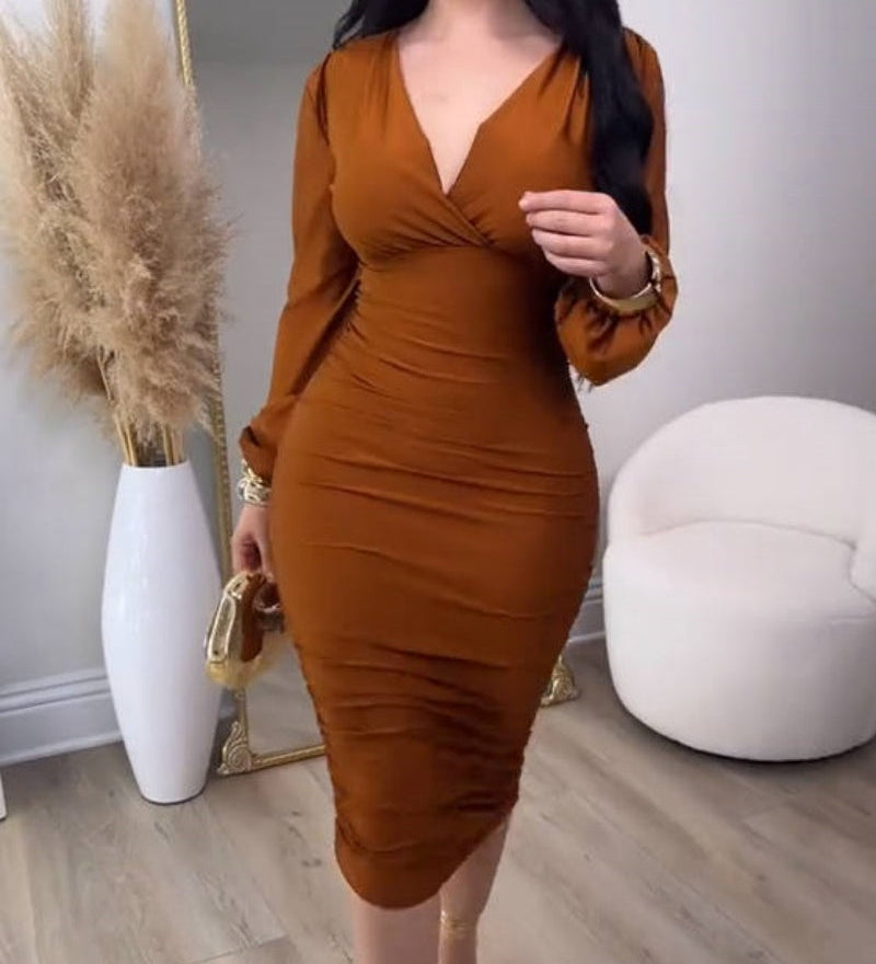 Deep V Neck Long Sleeves Ruched Bodycon Midi Dress