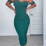 Off Shoulder Ruched Tummy Tuck Bodycon Midi Dress with Fishbone
