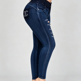 High Waist Double Button Rhinestone Ripped Butt Lifting Skinny Jeans