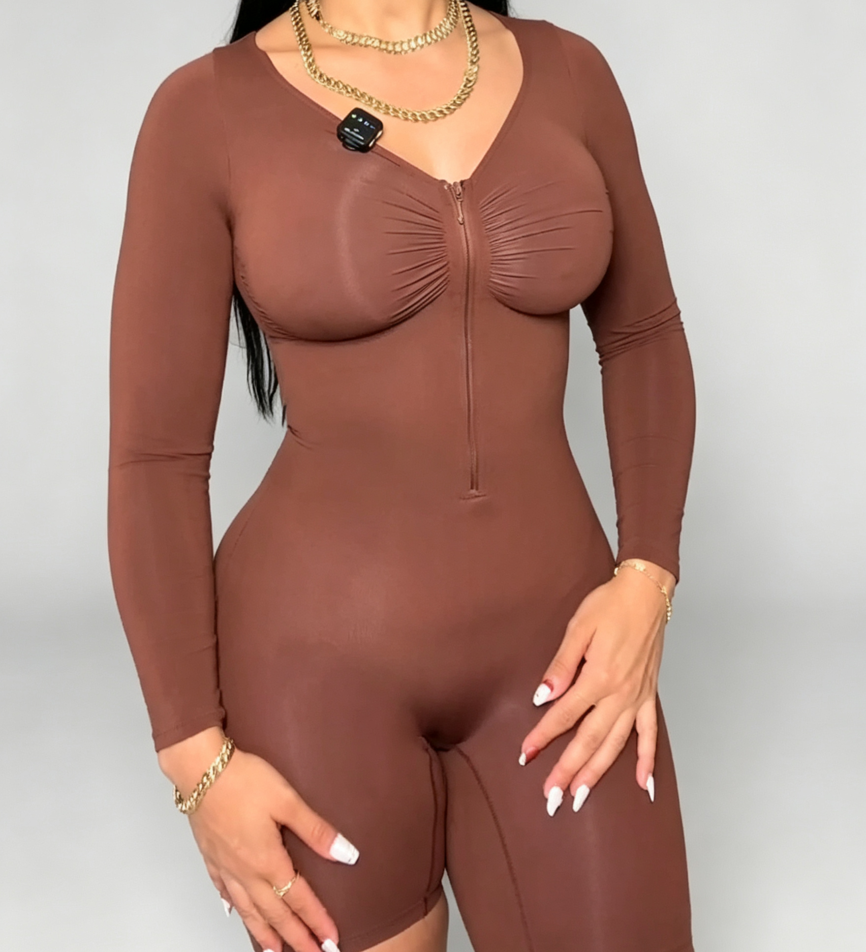 Front Zipper Long Sleeve Mid Thigh Full Body Shapewear Bodysuit