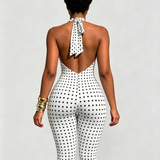 Hourglass Halter V Neck Backless Butt Lifting Capri Jumpsuit In Polk Dot