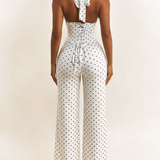 Polk Dot Halter-Neck Backless Detachable Corset Wide-leg Jumpsuit Two-Piece Set