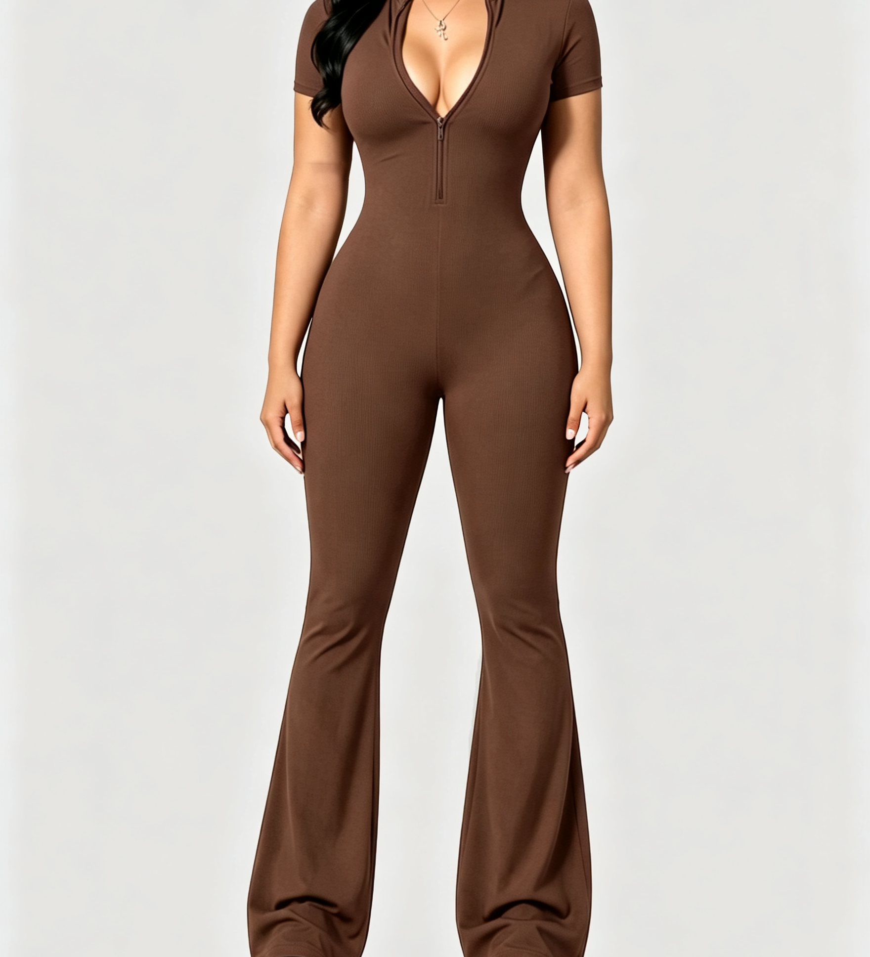 Front Zipper Short Sleeve Ribbed Slim Butt Lifting Flare Leg Jumpsuit