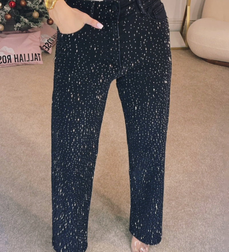 Women's Fashion Rhinestone Embellished Straight Leg Denim Jeans