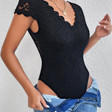 Sexy Deep V Neck Lace Short Sleeve Bodysuit One Piece Slim Fit Body Shaper