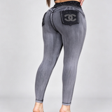 High Waist Double Button Rhinestone Ripped Butt Lifting Skinny Jeans