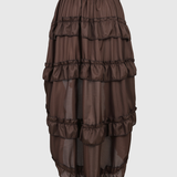 Side Drawstring Ruched Ruffle Trim Irregular High Low Midi Skirt