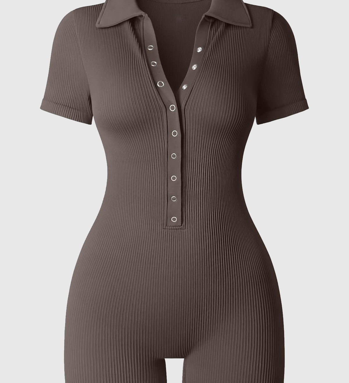 Ribbed Polo Collar Half Snap Front Short Sleeve Bodycon Romper
