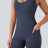 UltraSculpt™ V Neck Tummy Control Butt Lifting Workout Jumpsuit with Pockets