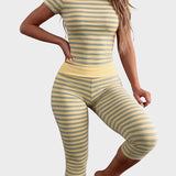 Striped Crew Neck Short Sleeve Crop Top Capri Leggings Two Piece Set