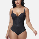 V Neck Lace Thong Bodysuit Adjustable Straps Waist Cinching Shapewear