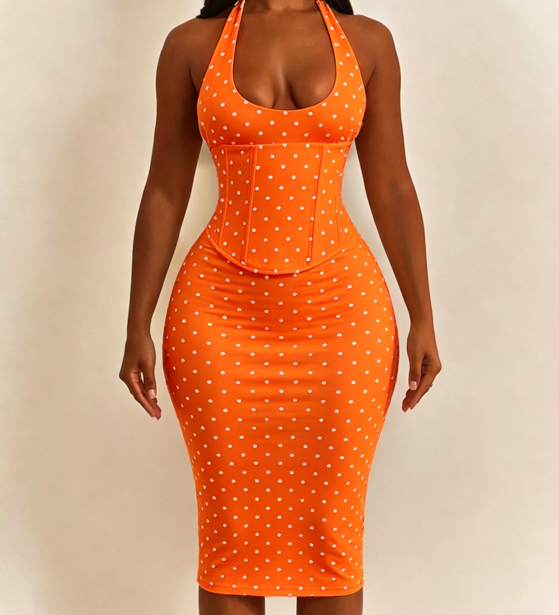 Polka Dot Corset Halter Midi Dress with Lace-Up Back