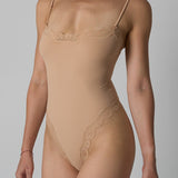 Spaghetti Strap Triangle Shapewear Bodysuit with Lace Trim