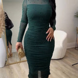 Elegant Mesh Paneled Ruched Bodycon Midi Dress with Mock Neck