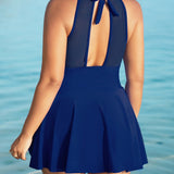 Large Size Halter Neck Mesh Panel Tummy Control Swimsuit with Side Bow