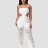 Chic Strapless Lace Waist Cut out Jumpsuit with Geometric Pattern