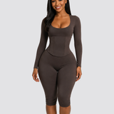 Long Sleeve Detachable Waist Cincher Two Piece Capri Shapewear Corset Jumpsuit