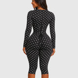 Polka Dot Capri Long Sleeve Jumpsuit with Detachable Corset Waist Trainer Two Piece Set