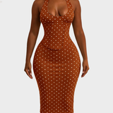Polka Dot Corset Halter Midi Dress with Lace-Up Back