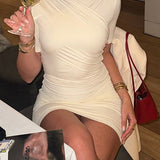 Wrap Cross Neck Ruched Short Sleeve Bodycon Mini Dress