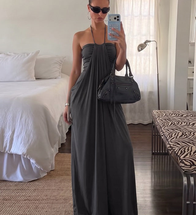 Halter Tie Back Built-in Bra Maxi Dress with Pockets