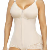 Lace-trimmed Tummy Control Zipper Shapewear Bodysuit