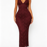 Halter Deep V Backless Lace Slit Midi Bodycon Dress