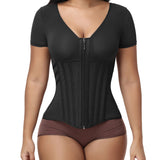 V Neck Front Zipper Short Sleeve Segmented Bone Waist Trainer Compression Shaping Top