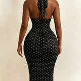 Polka Dot Corset Halter Midi Dress with Lace-Up Back