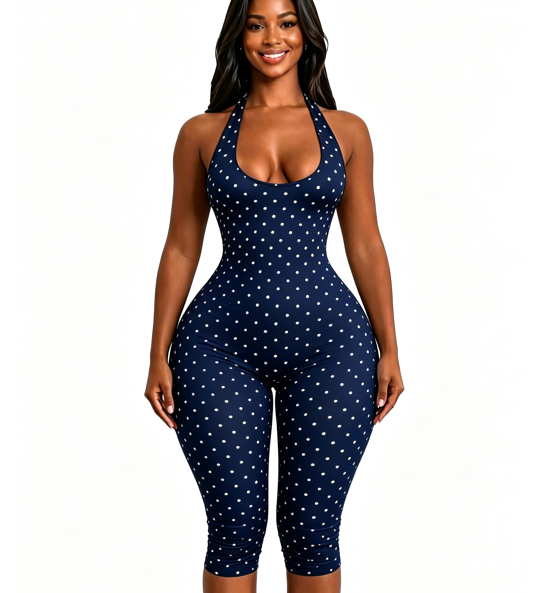 Halter Tie Open Back Polka Dot  Slim Waist Capri Jumpsuit